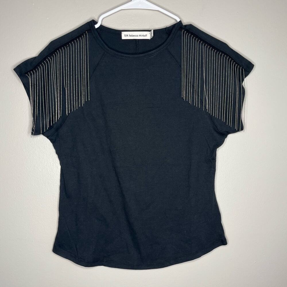 Rebecca Minkoff Designer Black Beaded Bang Tee Shirt Womens Size Small